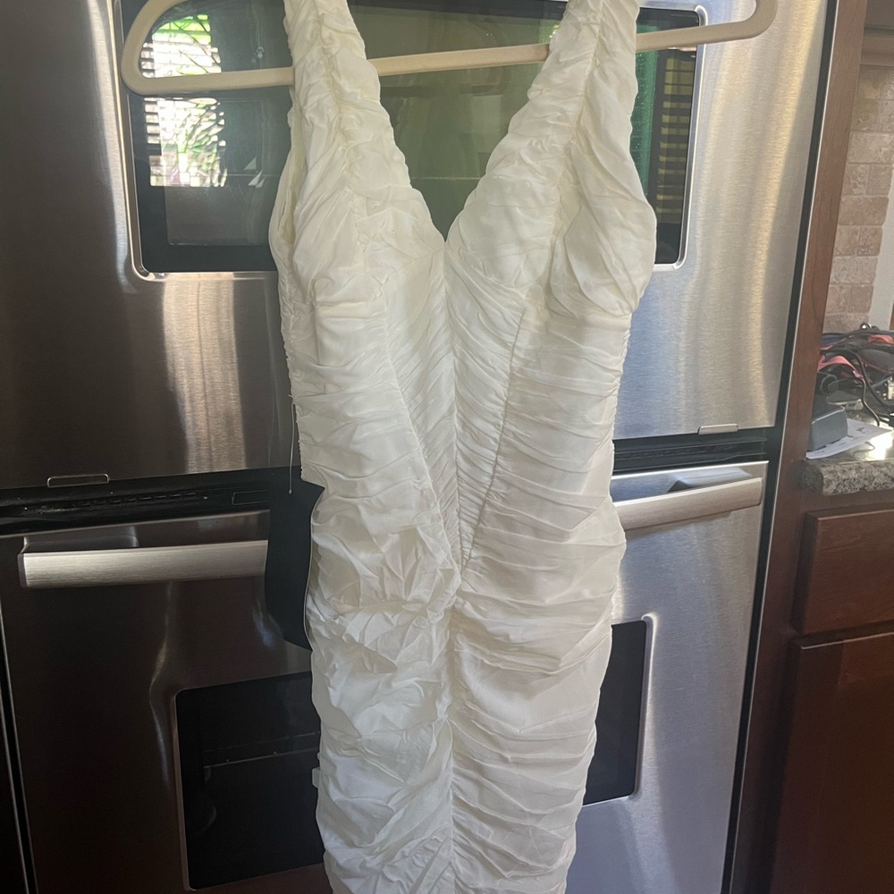 NWT bebe Elegant White Ruched Backless Dress